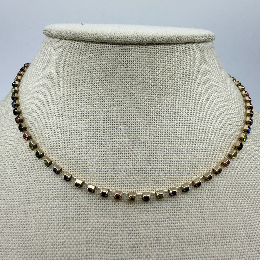 Multicolored Crystal Tennis Necklace Gold Tone Rhinestone Layering Choker Gift